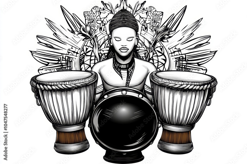 Poster minimalist line art of a traditional african drum circle, with clean, simple lines representing the 