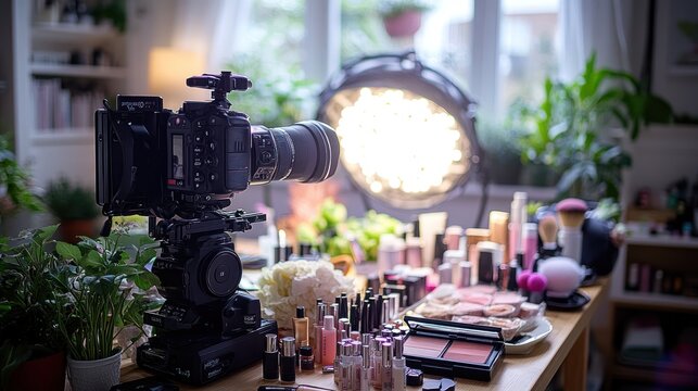 A camera setup with a ring light and cosmetics on a table with a window in the background.