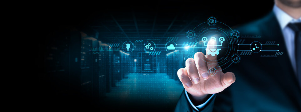 Network Administration: Businessman pointing icon with network security, data management, system configuration, server maintenance, troubleshooting, performance monitoring, infrastructure management.