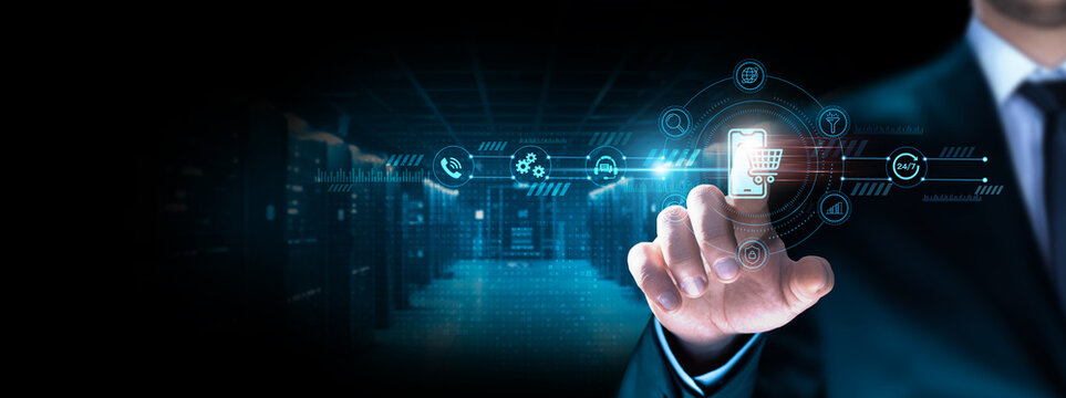 Mobile Commerce: Businessman pointing icon with mobile payments, e-commerce, customer engagement, convenience, digital wallets, transaction security, shopping apps.