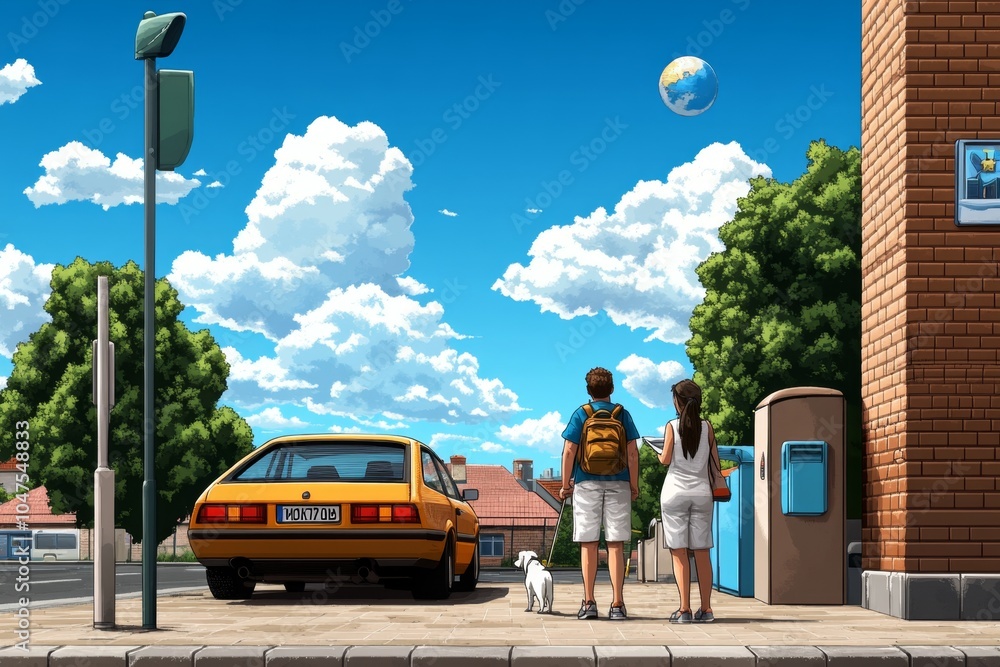 Poster pixel art of a simple, retro-inspired daily routine with pixelated figures enjoying a morning coffee