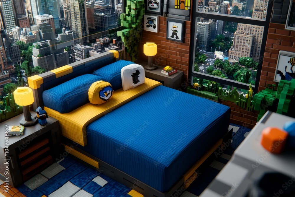 Poster pixel art of a small apartment with colorful furniture and pixelated windows overlooking a retro cit