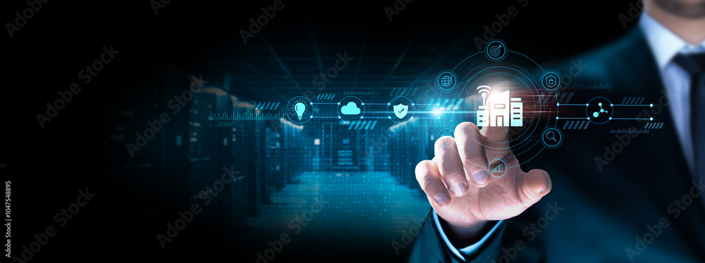 Poster smart building technology: businessman pointing icon with energy efficiency, automated controls, iot