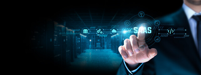SaaS (Software as a Service): Businessman pointing icon with cloud computing, subscription model,...