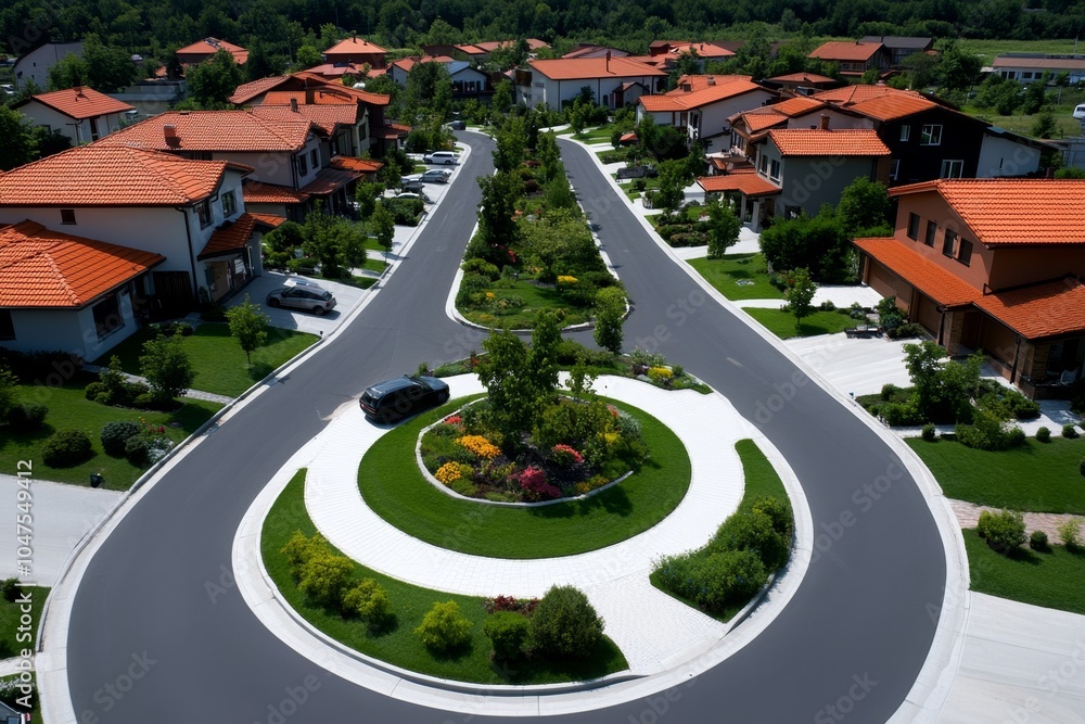 Aufkleber simple geometric design of a neighborhood block with houses and trees represented in clean, crisp sh