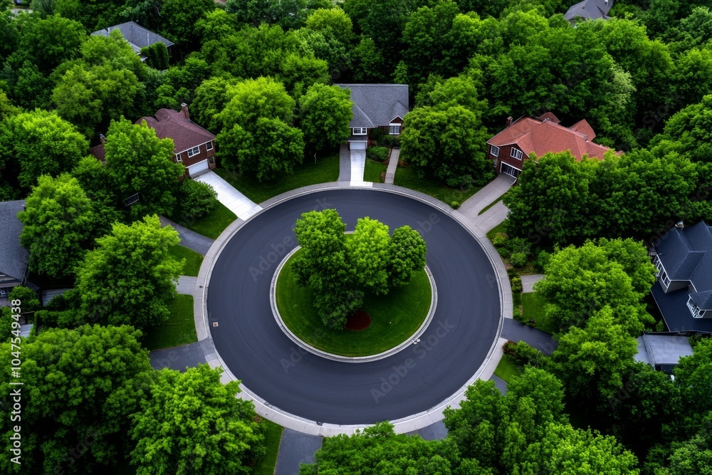 Aufkleber simple geometric design of a neighborhood block with houses and trees represented in clean, crisp sh