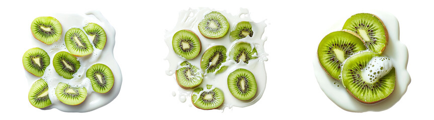 Fototapeta premium Sliced kiwis with yogurt or cream isolated on transparent PNG background perfect for fruit packaging or healthy eating ads.