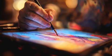 Obraz premium A close-up of hands using a tablet and stylus, with a blurred background 