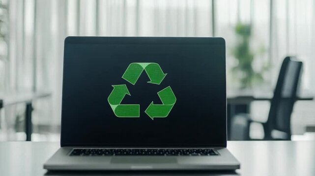 A laptop displaying a green recycling symbol in a modern office environment during the day
