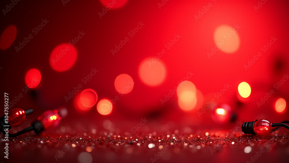 Poster red abstract art features holiday lights and glitter on a vibrant christmas background with a bold, 