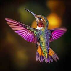 Fototapeta premium A vibrant hummingbird in mid-flight showcases its stunning rainbow-colored feathers. This detailed image captures the beauty of nature. Perfect for wildlife lovers and photographers. AI