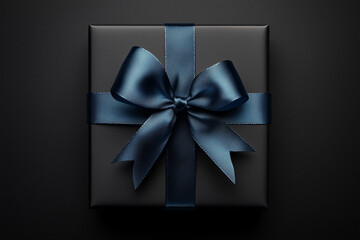 Elegant black gift box adorned with a satin blue ribbon on a dark background, perfect for special occasions or celebrations