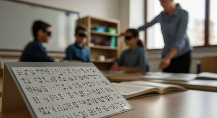 Blindfolded students learning Braille in classroom with teacher guidance