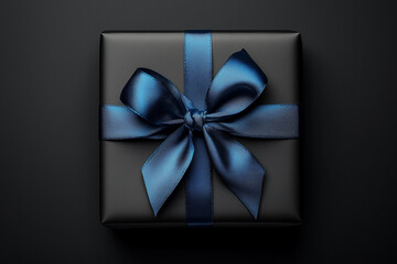 Elegant black gift box adorned with a blue satin ribbon on a dark background ready for presentation at a celebration or holiday