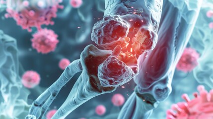 Bone cancer representation in the tibia, showcasing aggressive osteosarcoma growth, highlighting the severity of the condition and its impact on skeletal health.