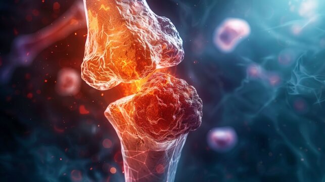 Bone cancer illustration, depicting aggressive osteosarcoma growth in the tibia, highlighting tumor characteristics and surrounding tissue changes, for educational purposes.