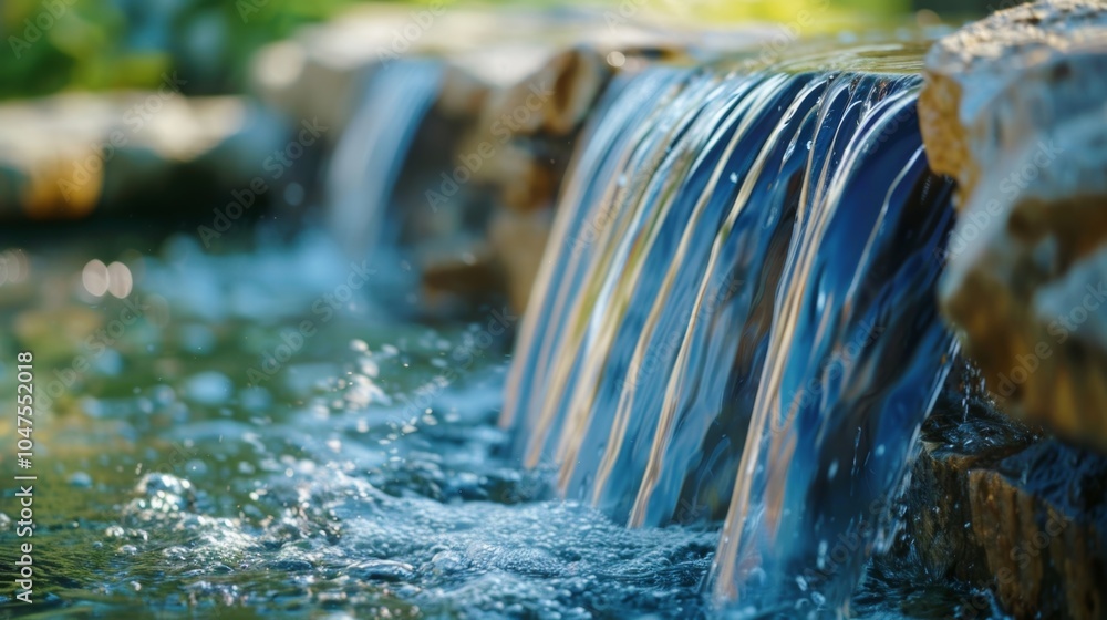 Poster water cascading over smooth rocks in a lush garden, creating a serene atmosphere. gentle flow adds p