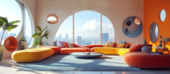 Modern living room with large windows and panoramic city views.  The room is decorated in a minimalist style with bright colors and comfortable furniture.