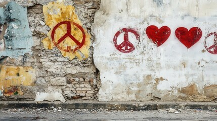 Graffiti of heart and peace symbols on a crumbling wall representing war and peace. Urban backdrop, contrasting destruction and harmony, with copy space.
