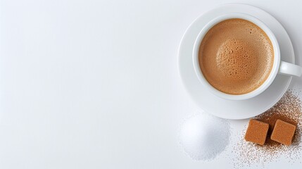 Cup of coffee with sugar cubes and scattered sugar on a white background, offering a minimalistic layout with ample copy space, ideal for coffee, beverage, and sweet concepts.

