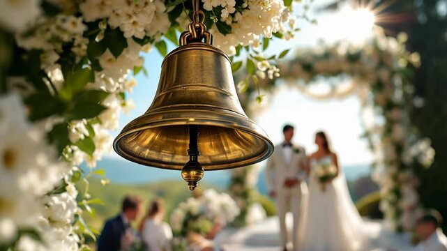 Wedding bell hanging from a decorated archway, surrounded by lush floral arrangements. In the background, a bride and groom are standing together beneath a beautifully adorned wedding altar