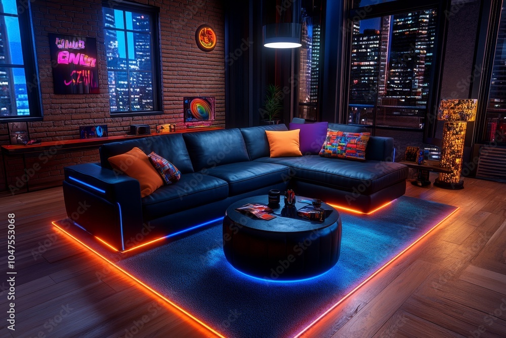 Poster 3d digital illustration of a futuristic loft apartment with dynamic lighting and colorful design ele