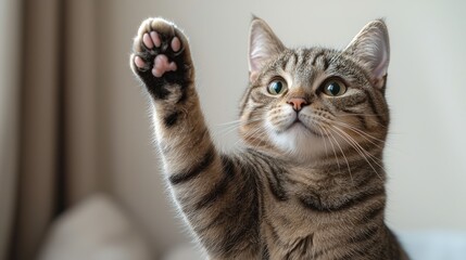 Obraz premium A playful tabby cat raises its paw while sitting indoors, showcasing curiosity and affection in a cozy living space during daylight hours