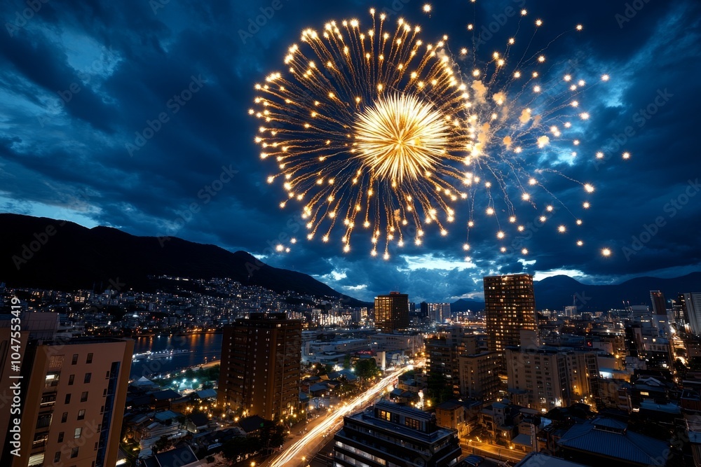 Poster 3d rendering of a grand fireworks display over a city during a global celebration, with intricate li