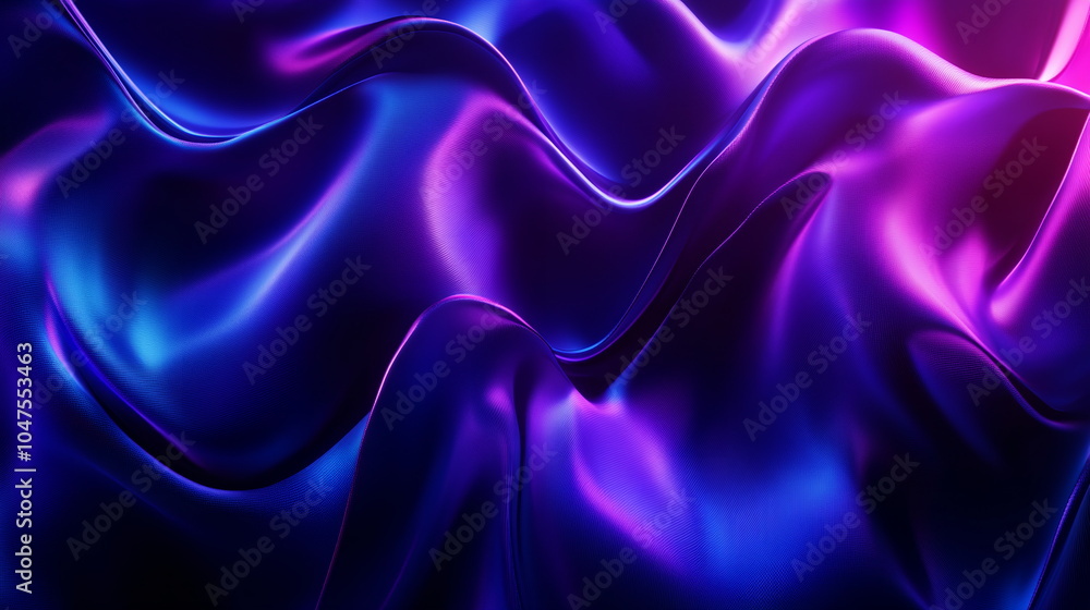 Poster hypnotic neon waves. flowing patterns in deep blue and violet. subtle shimmering texture and glowing