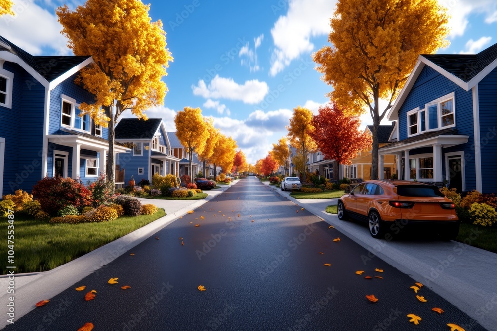 Poster 3d rendering of a quiet suburban street with trees lining the road, houses on either side, and soft 