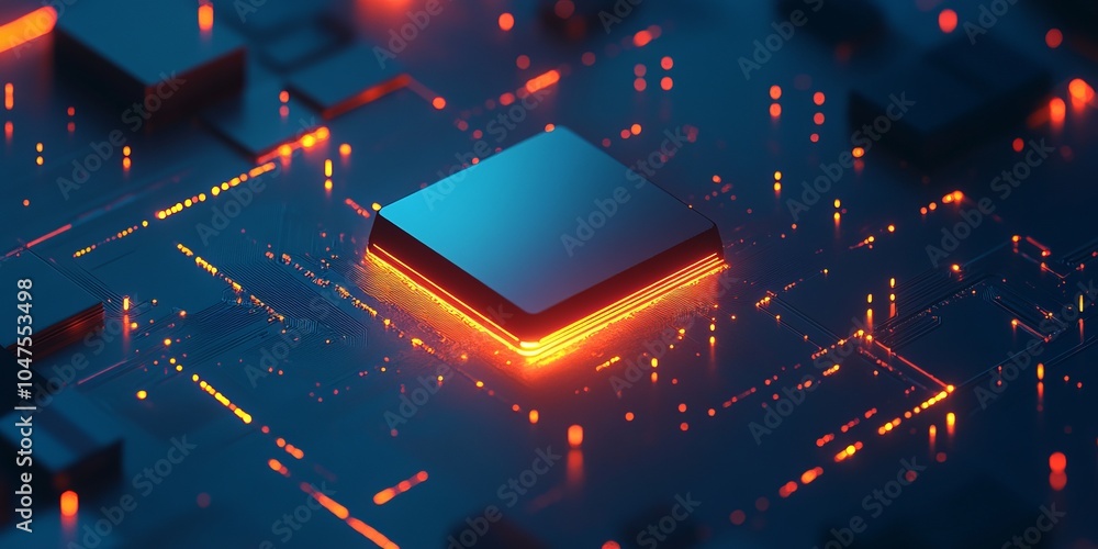 Poster a futuristic computer chip with glowing lights, set against a blue background. this represents the p