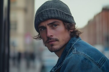 outdoor portrait of a man wearing casual street  clothes with beanie hat and denim jacket, urban style 