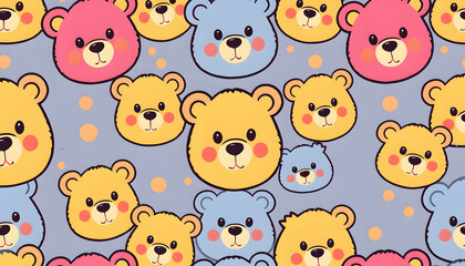 Fototapeta premium Colorful cute bear cartoon seamless pattern. Retro style candy animal bears wallpaper background. Fun repeat texture print design isolated with white highlights, png