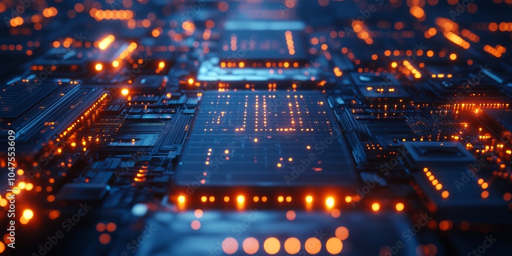 Poster a futuristic computer chip with glowing lights, set against a blue background. this represents the p