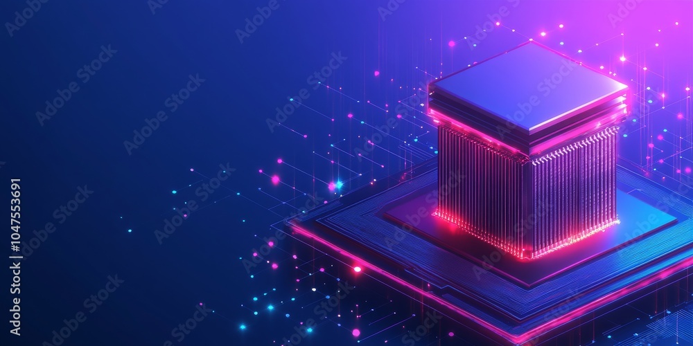 Poster a futuristic computer chip with glowing lights, set against a blue background. this represents the p