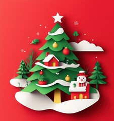 Christmas tree cut paper-style illustration on a red background, snowman and house in the shape of Christmas trees, presented as a paper art vector graphic. Christmas card design with a paper-cut tree