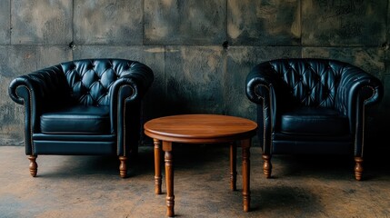 Elegant leather chairs paired with a round wooden table, perfect for cozy living rooms or stylish waiting areas.