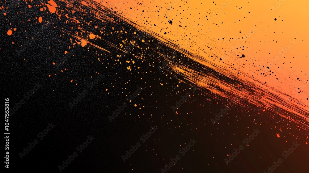 Poster abstract image blending warm orange and black hues, featuring dynamic splashes and textures that evo