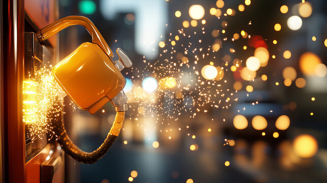 Intriguing sparks vivid banner gasoline nozzle bright city lights dynamic nighttime urban street scene glowing
