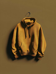 A yellow hoodie hanging on a hook against a solid background.