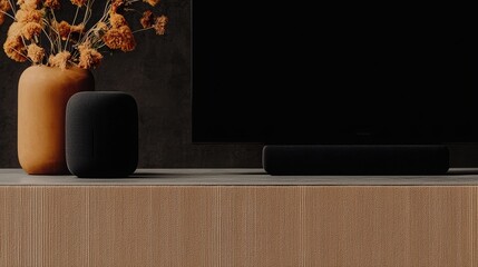 Modern living room setup featuring a sleek soundbar, speaker, and stylish vase with dried flowers against a dark backdrop.