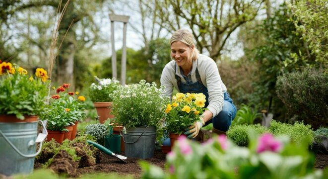 Smiling woman gardening with colorful flowers and tools in a lush spring garden.