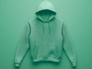 A mint green hoodie displayed against a matching background, showcasing its design and texture.