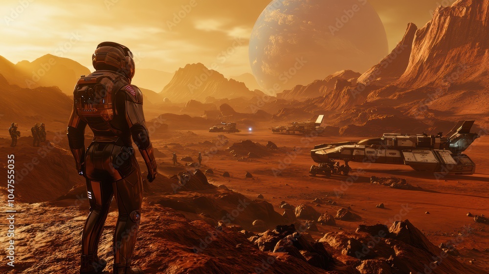 Poster an astronaut stands on the red surface of mars, gazing at distant spacecraft under a stunning sunset