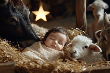 The serene birth baby jesus among animals in a nativity scene , Generative Ai