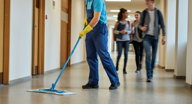 Janitor mopping school hallway as students walk by in uniform. - Powered by Adobe
