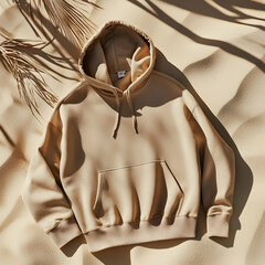 A beige hoodie laid on a sandy surface with palm leaves, showcasing casual fashion.