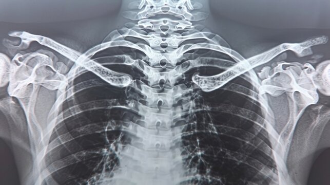 Clavicle Fracture X-Ray, detailed view of a midsection break in the collarbone, highlighting fracture line, surrounding bone structure, and potential displacement.