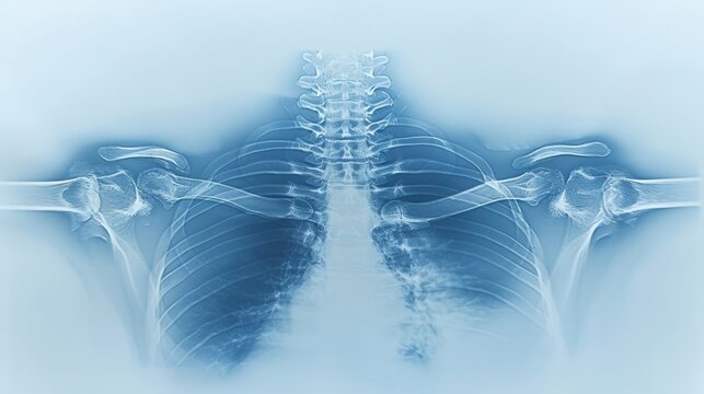 X-ray of Clavicle Fracture Displaying Midsection Break, Clear depiction of broken collarbone, highlighting injury site and surrounding bone structure for medical analysis