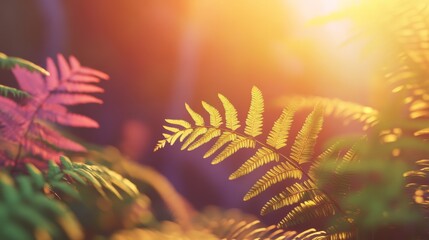 Soft Dappled Shadows of Intricate Ferns with Warm Sunlight in Background